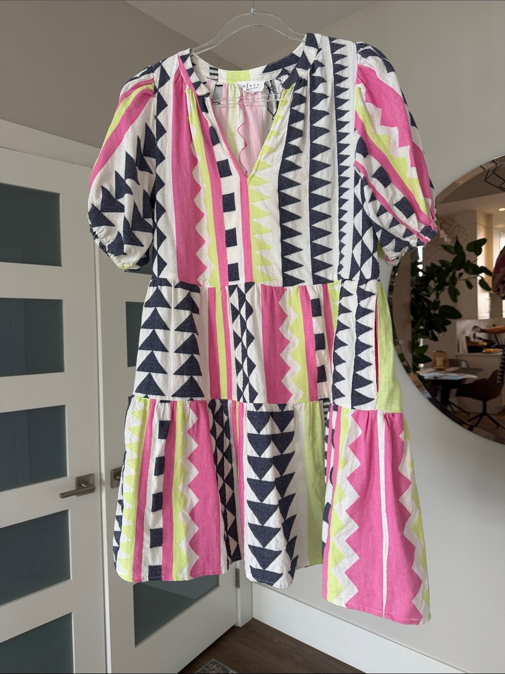 Velvet by Graham & Spencer Pink Navy Lime Geometric Tiered Mini Dress